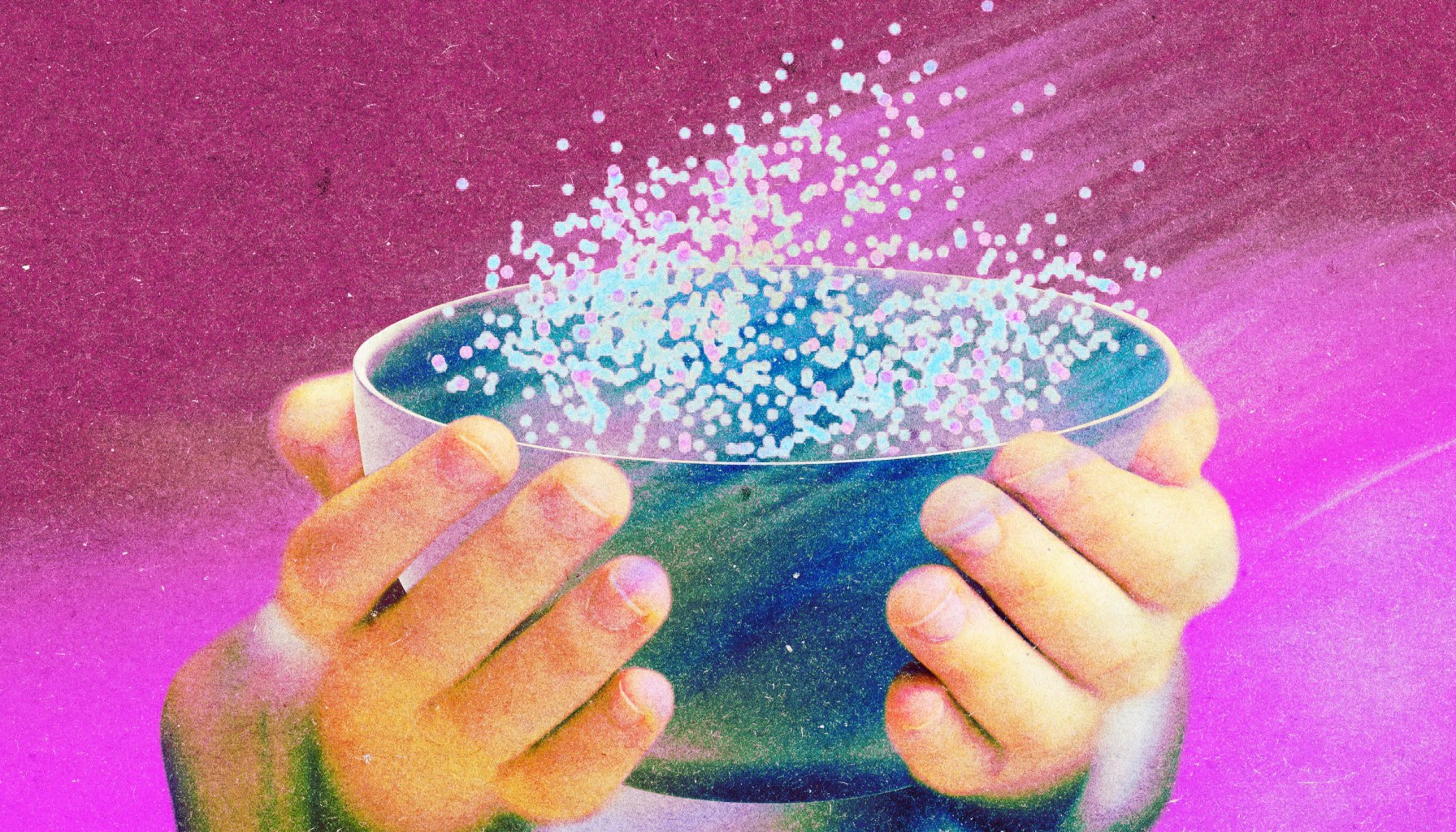 hands hold a rice bowl as digital grains are pulled away into the air