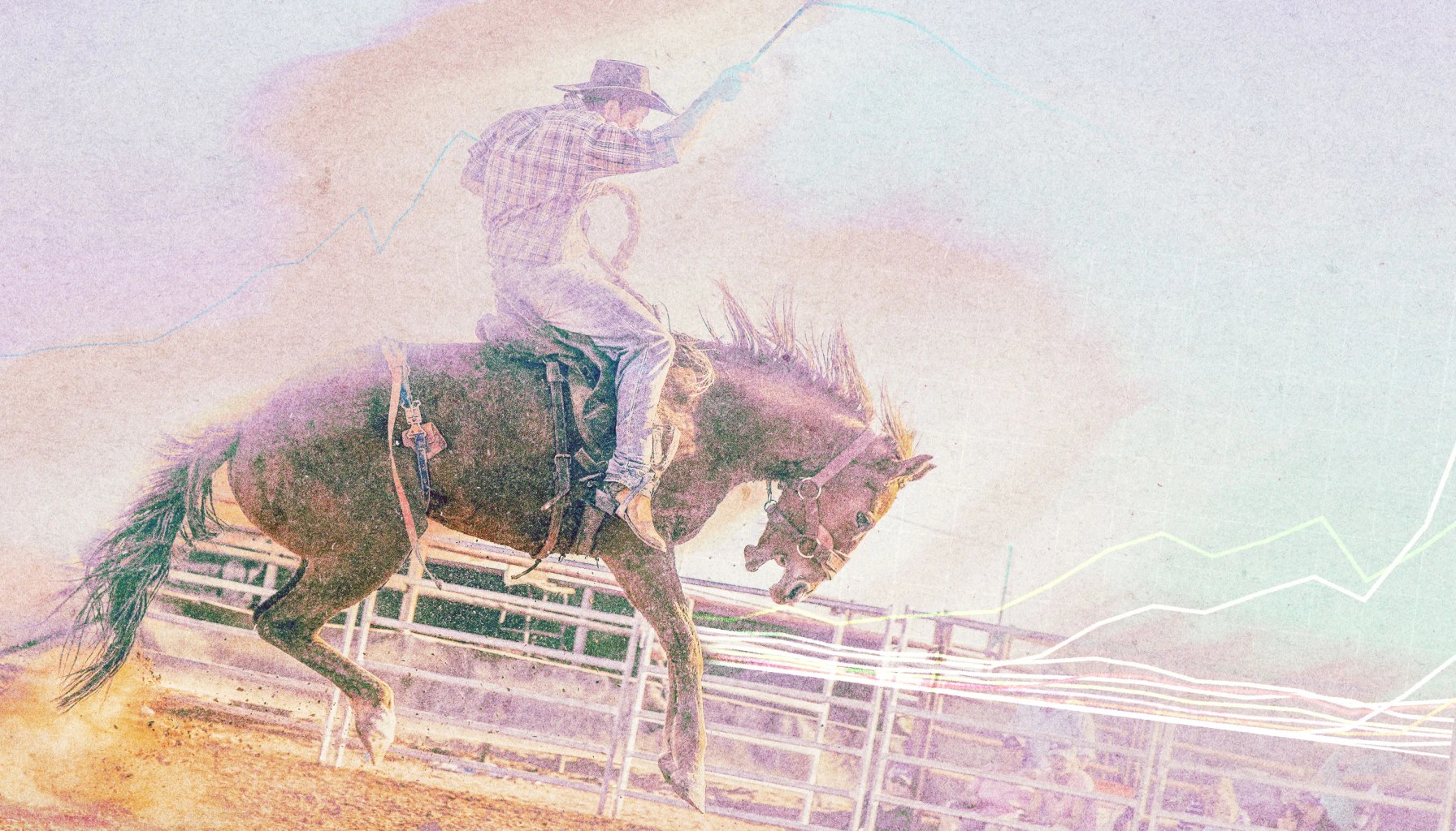 rodeo horse bucking a rider overlaid with line charts