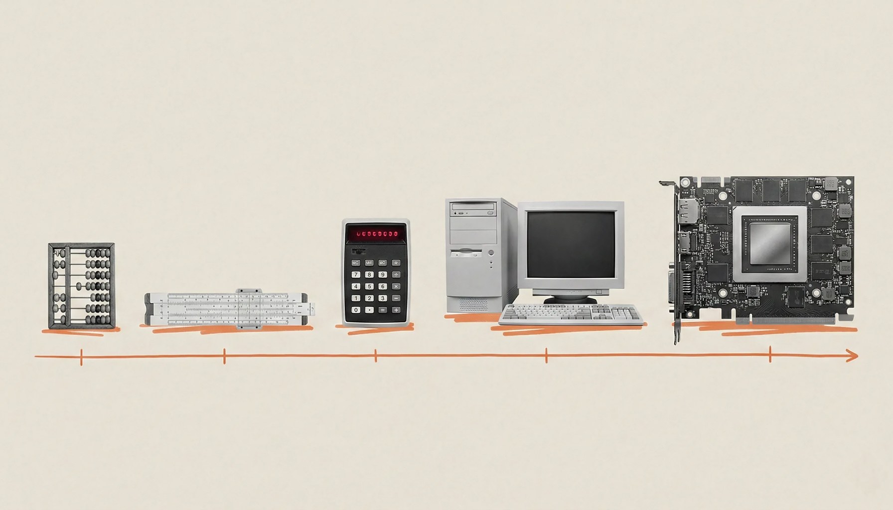an abacus, a slide rule, a calculator, an old desktop computer and a gpu shown along a line of progress