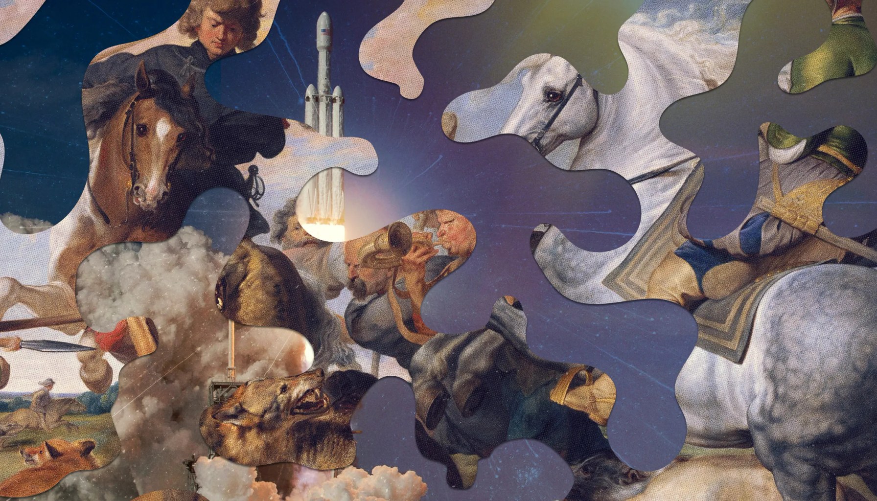 Rubens painting of a hunt with horses rearing intermingled with the image of a rocket launching to space