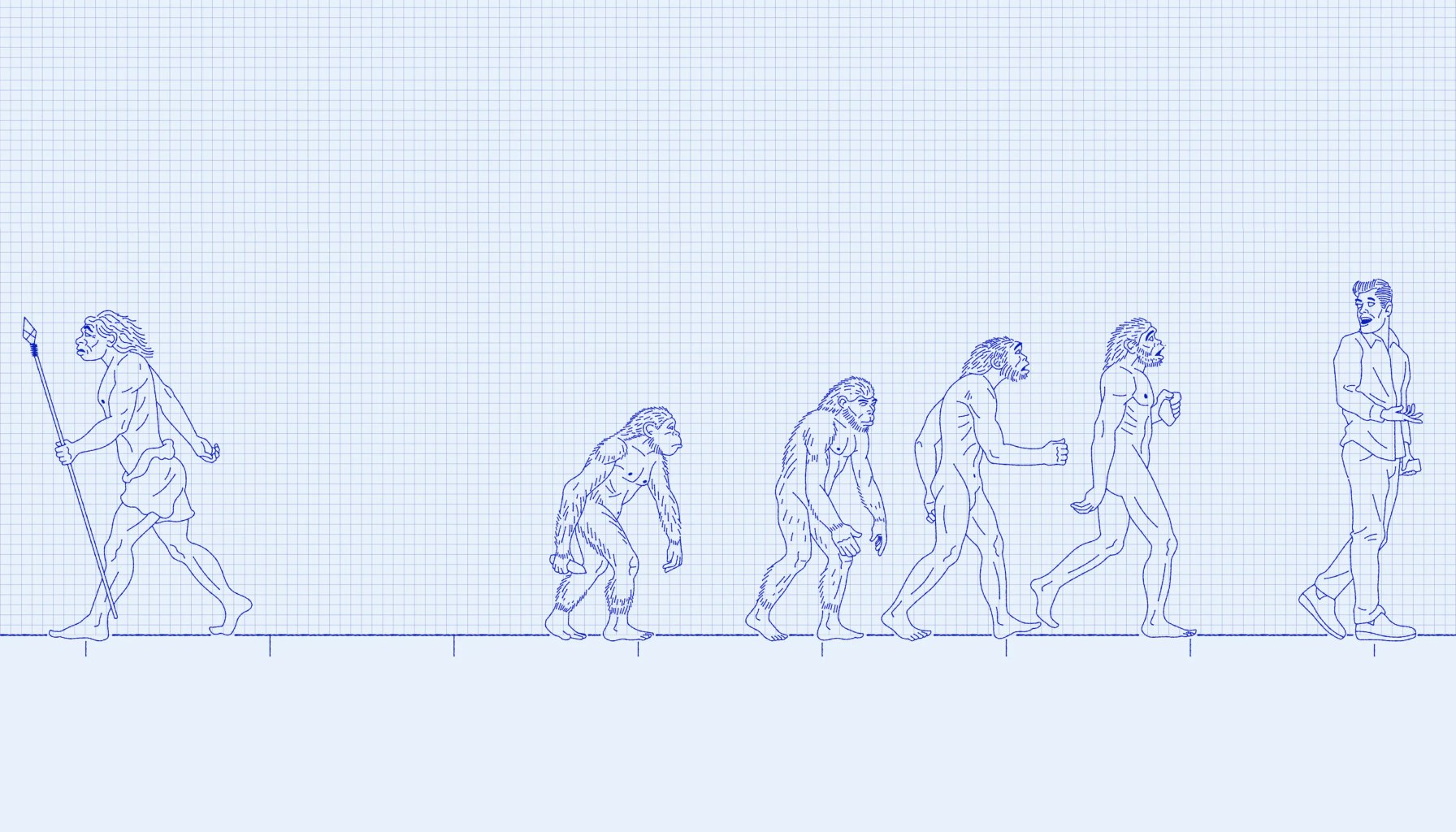 a Neaderthal exits to the left as the evolution of ape to modern man continues progressively to the right