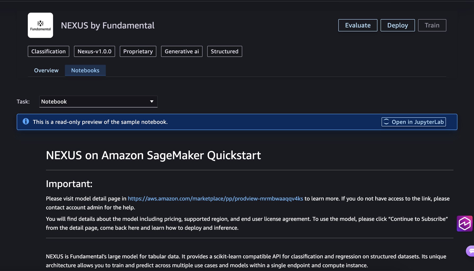 Amazon SageMaker JumpStart search results page showing the Fundamental NEXUS model listing.