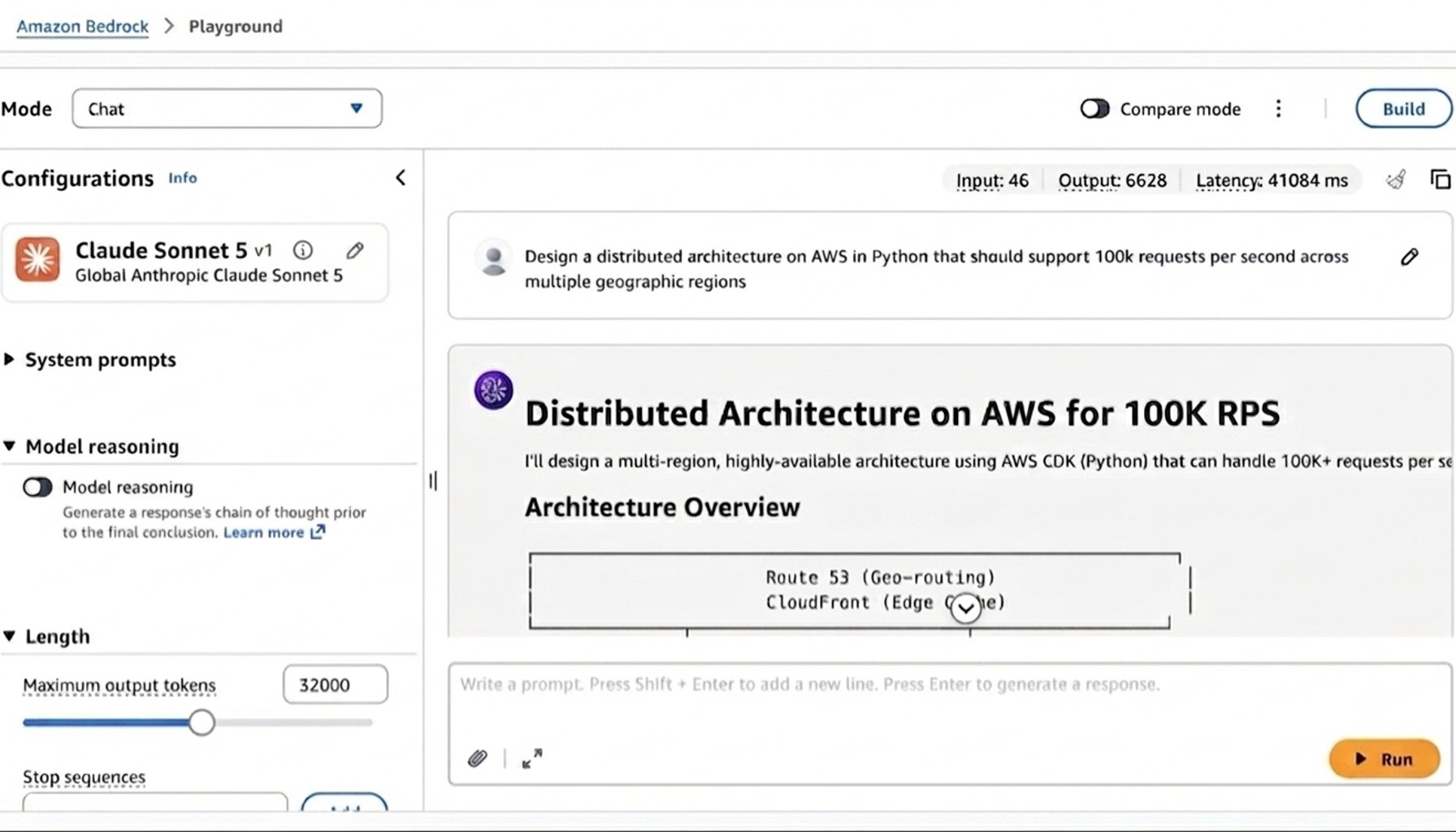 Amazon Bedrock Playground in chat mode showing a distributed architecture prompt and the Claude Sonnet 5 response