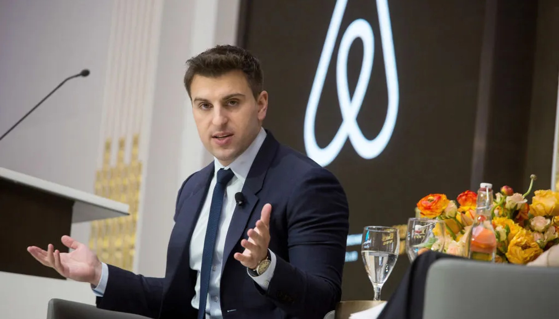 Brian Chesky, chief executive officer and co-founder of Airbnb Inc., speaks during an Economic Club of New York luncheon at the New York Stock Exchange