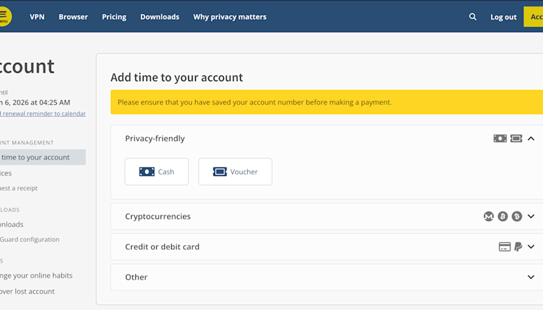 The Mullvad account dashboard.