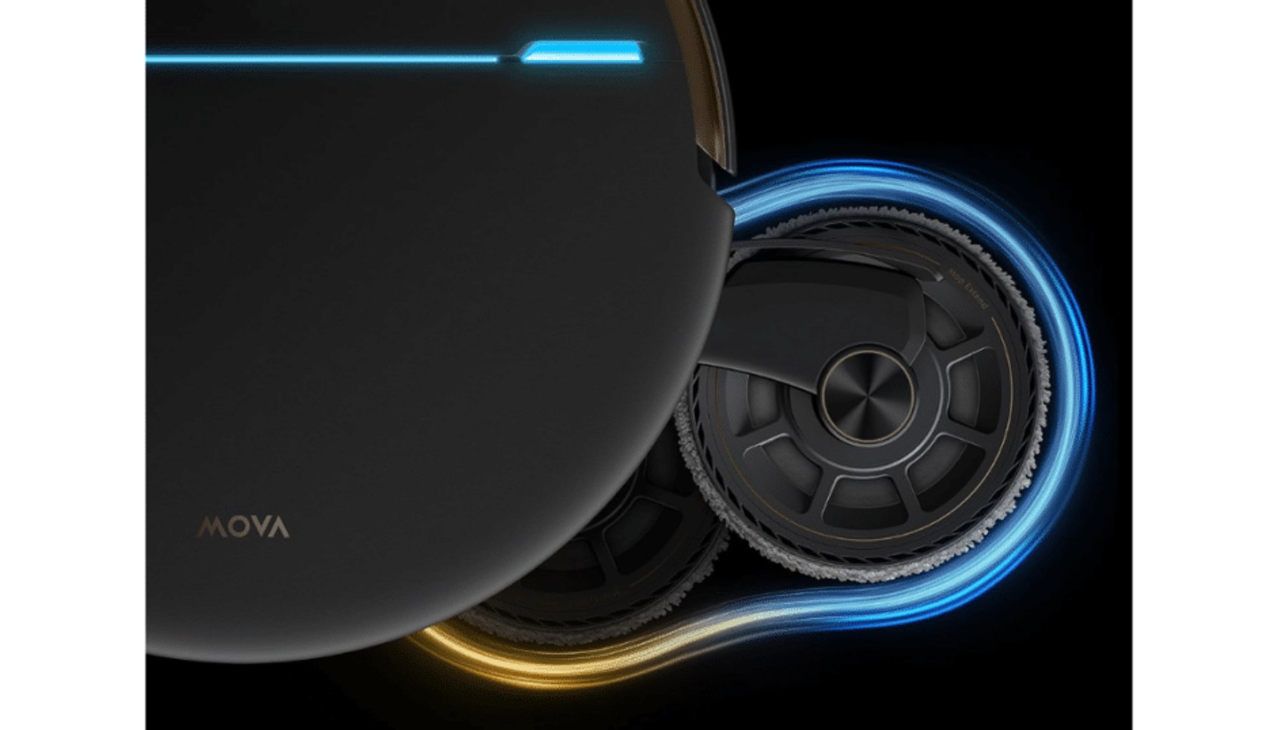 MOVA V70 Ultra Complete robot vacuum extends its MaxiReachX rotating mop beyond the robot body for improved edge and under-furniture cleaning. Image MOVA