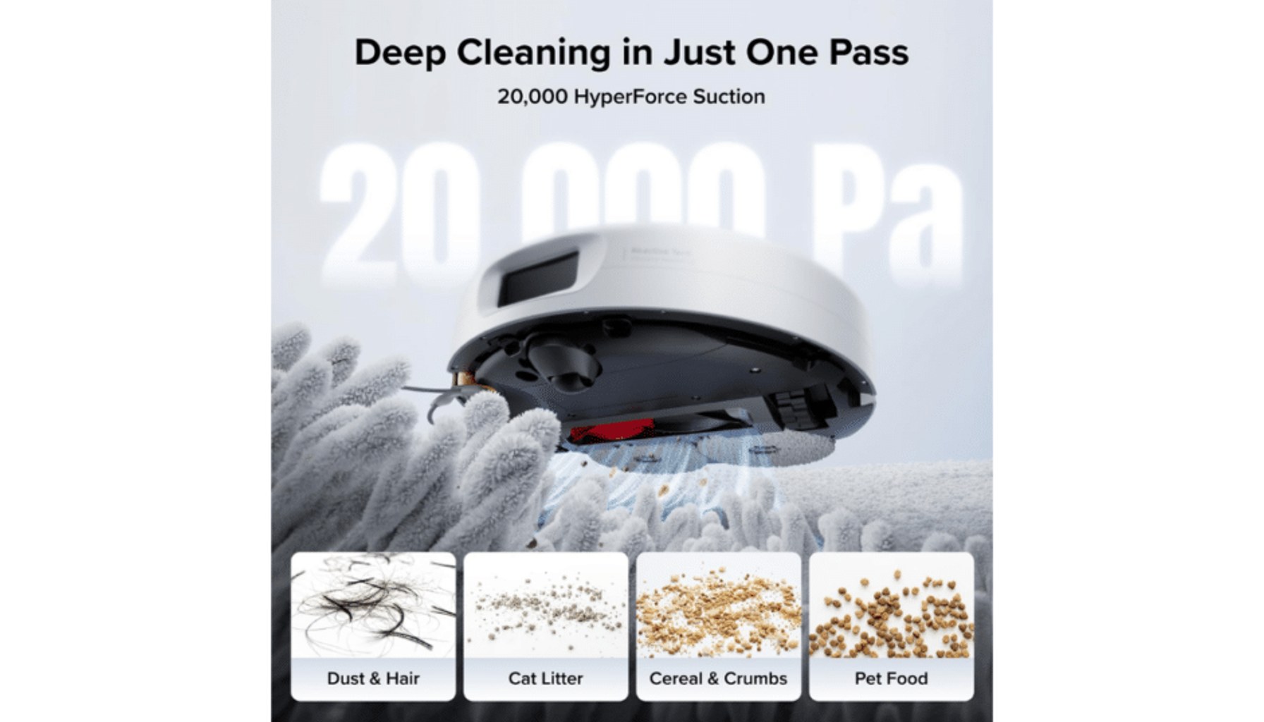 Roborock Q Revo 2 Pro demonstrating automatic mop removal, 15 mm mop lifting, Carpet Boost, and deep carpet cleaning.