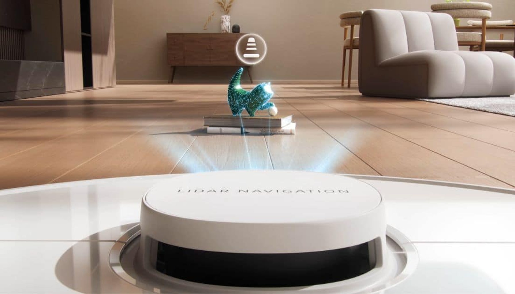 Dreame D30 Ultra robot vacuum illustration showing its top-mounted LiDAR navigation system scanning a room and detecting an object ahead.
