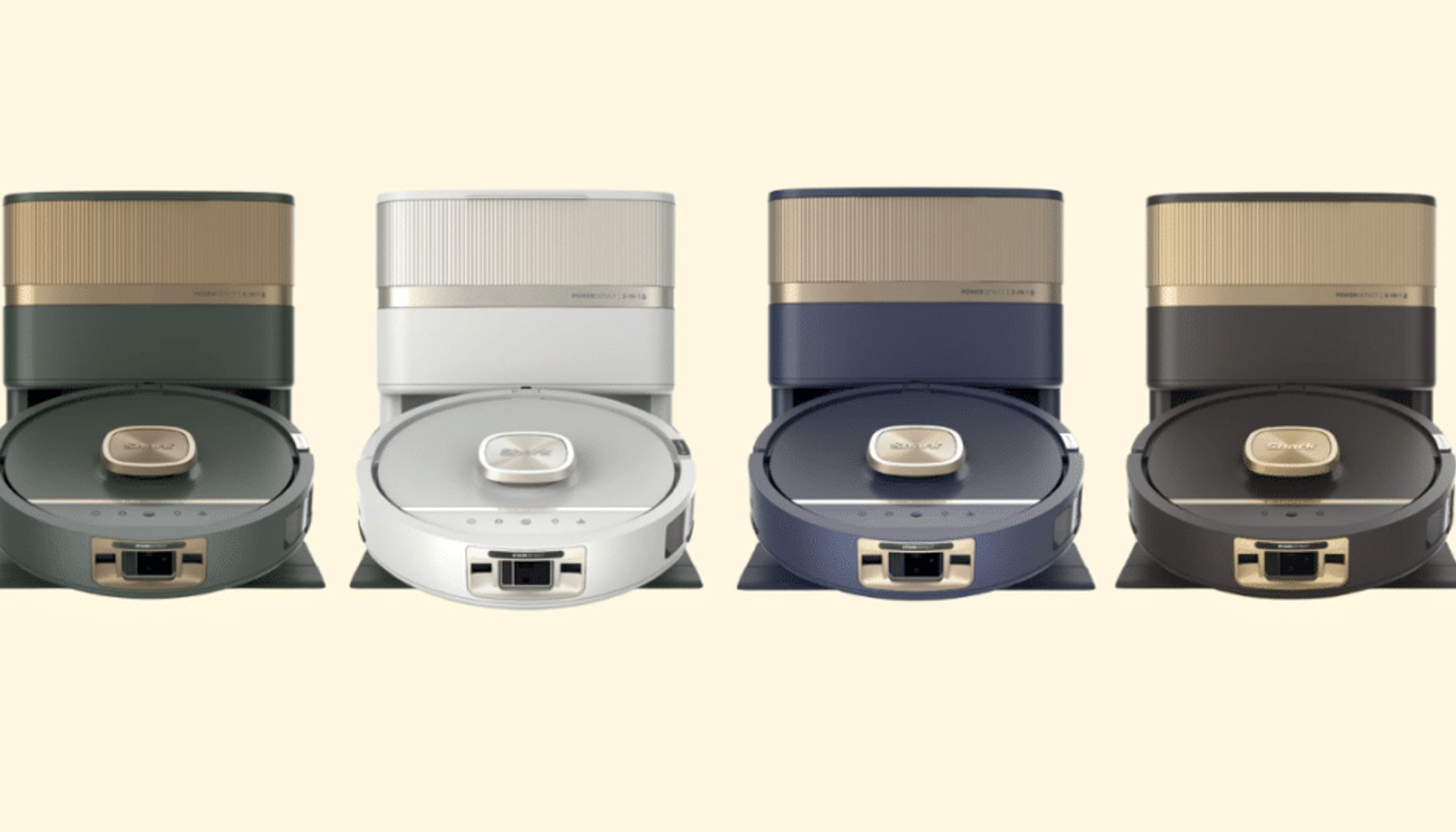Shark PowerDetect UV Reveal robot vacuum and mop in the Luxe Collection colorways Evergreen, Ivory, Deep Harbor, and Espresso with self-empty dock