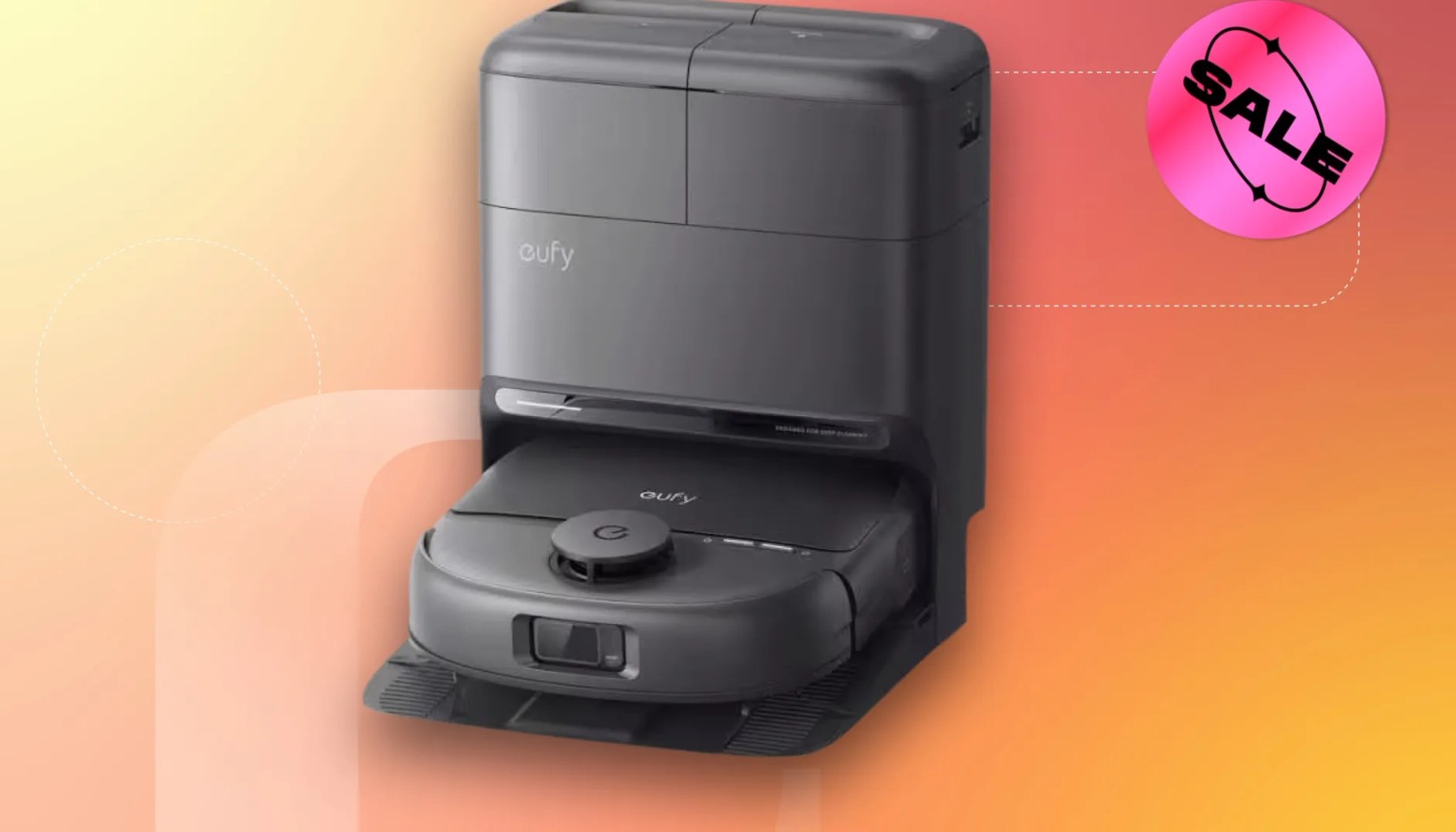 The Eufy robot vacuum and mop in black color with sale sticker on a yellow and orange CNET background.