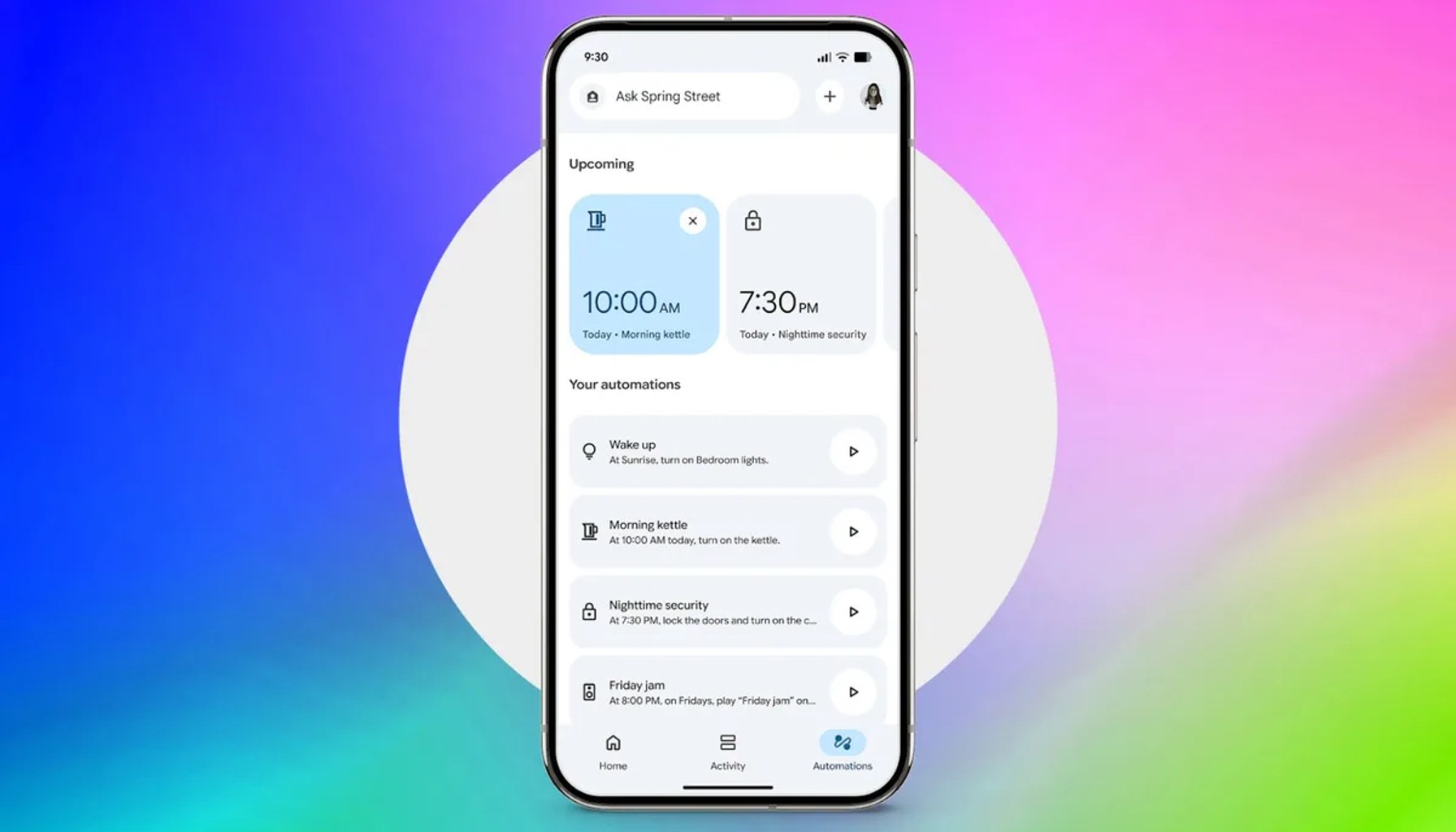 Google Home Automations tab screenshot on gradient background