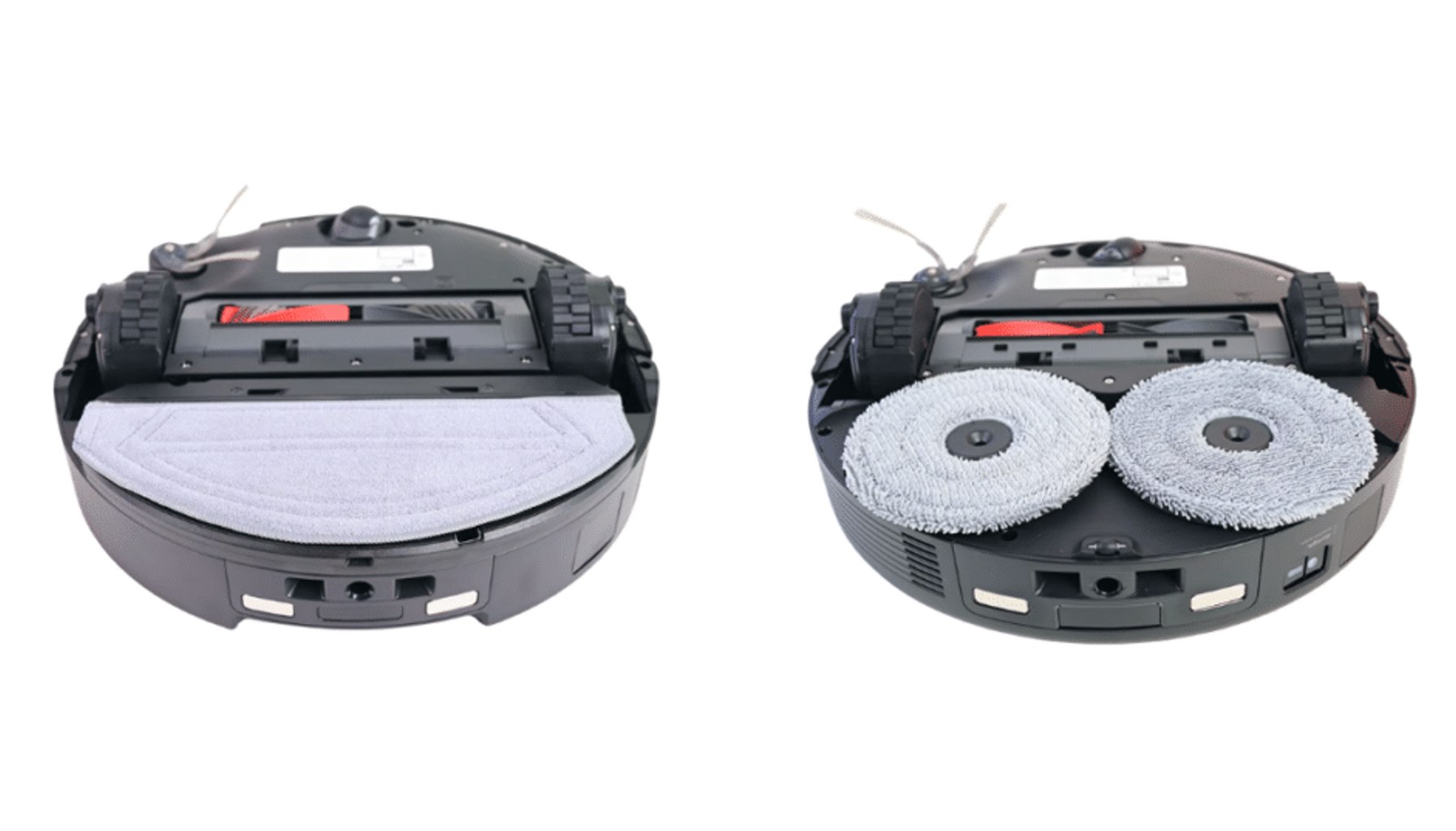 Bottom view comparison of the Roborock Saros 20 Sonic with its ultrasonic vibrating flat mop and the standard Saros 20 with dual spinning mop pads.