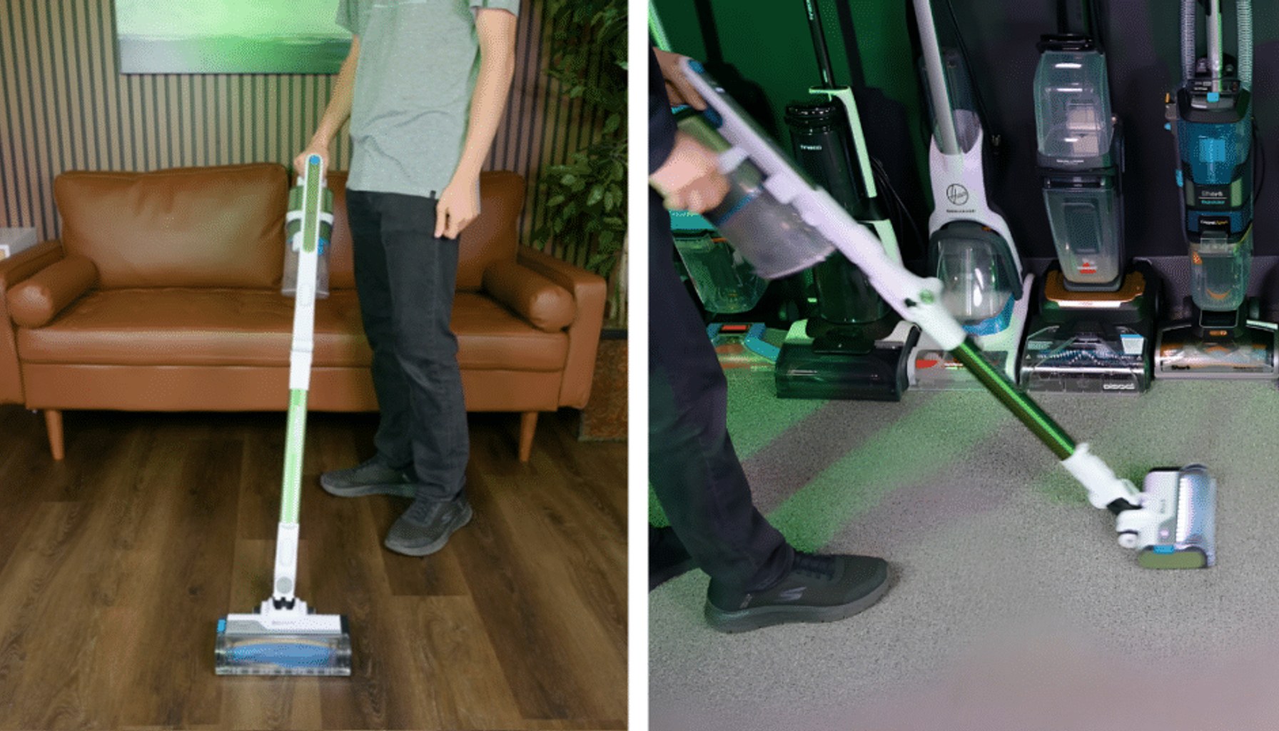 Shark PowerPro Flex Pet Plus cordless vacuum cleaning hard floors and carpet. The image shows Shark's PowerFins multi-surface floorhead and FloorDetect technology designed for automatic floor-type detection and cleaning across different surfaces.
