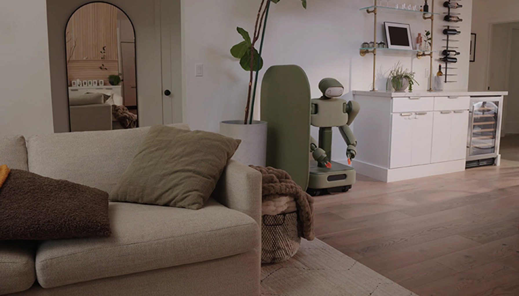 the weave issac-1 robot at rest in a living room scene.