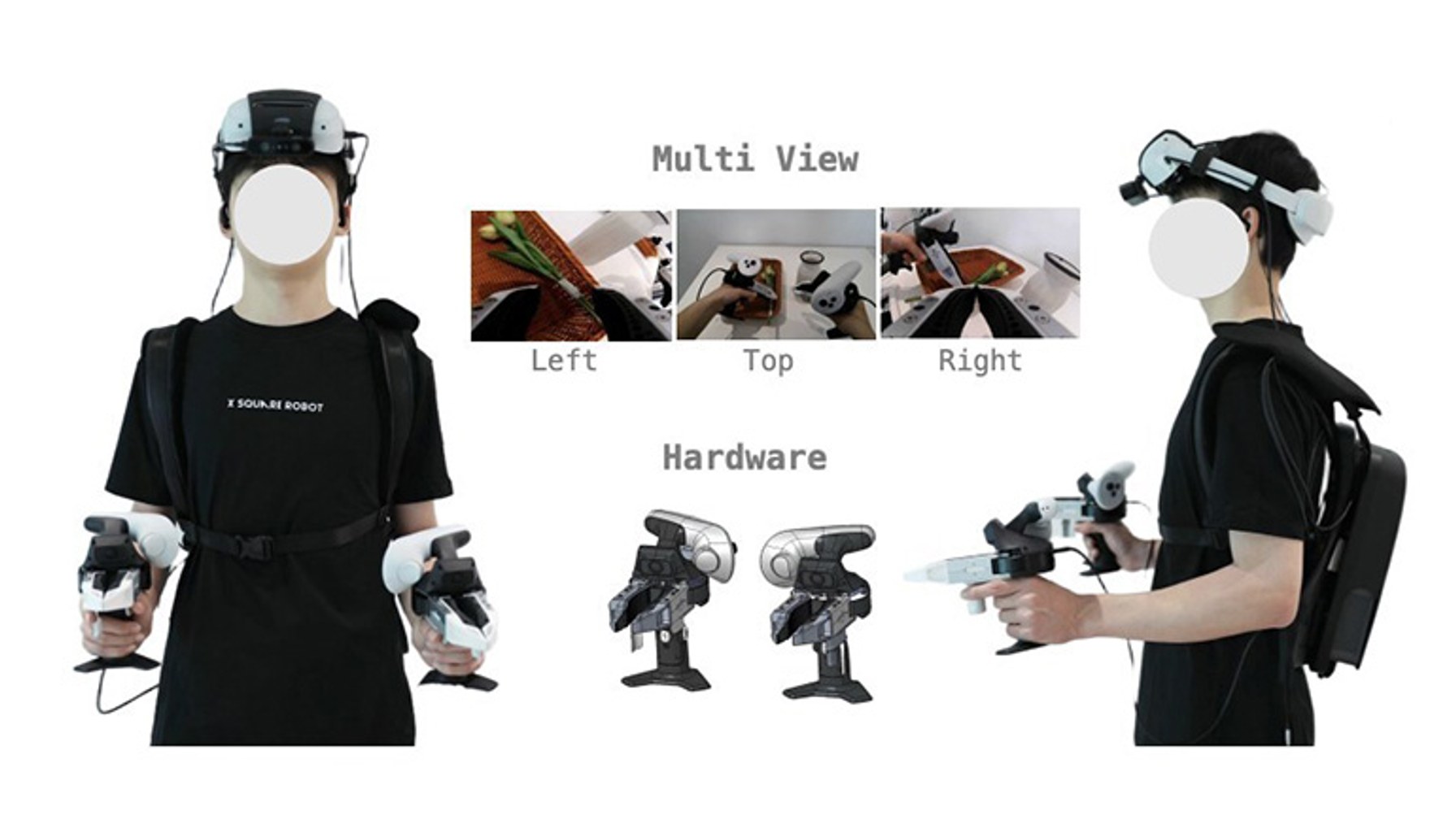 front and side images of a researcher equipped with AI training devices, part of the XRZero-G0 system.