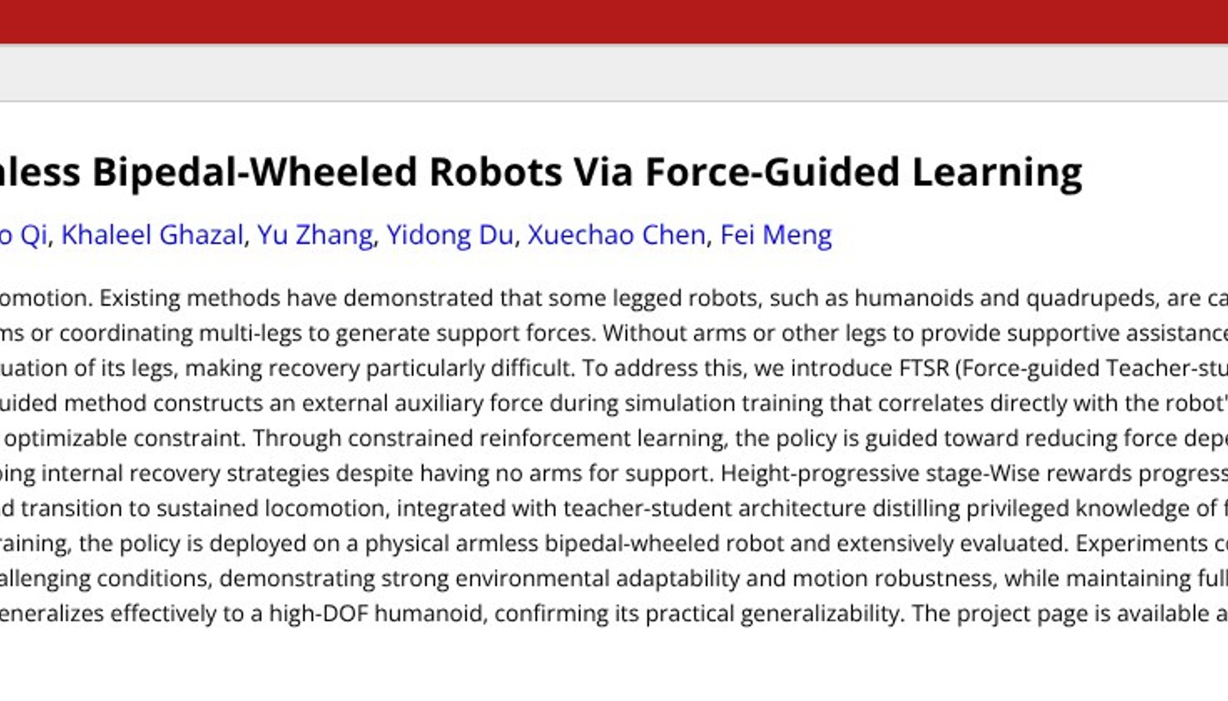 Armless robot learns fall recovery via force guided learning