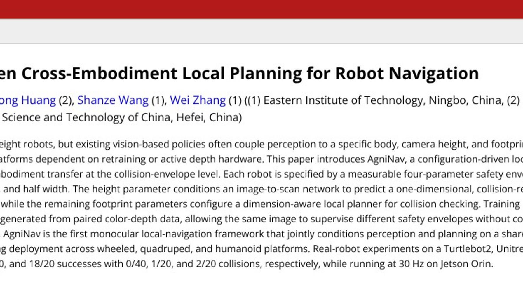 Monocular navigation crosses robot bodies with one envelope