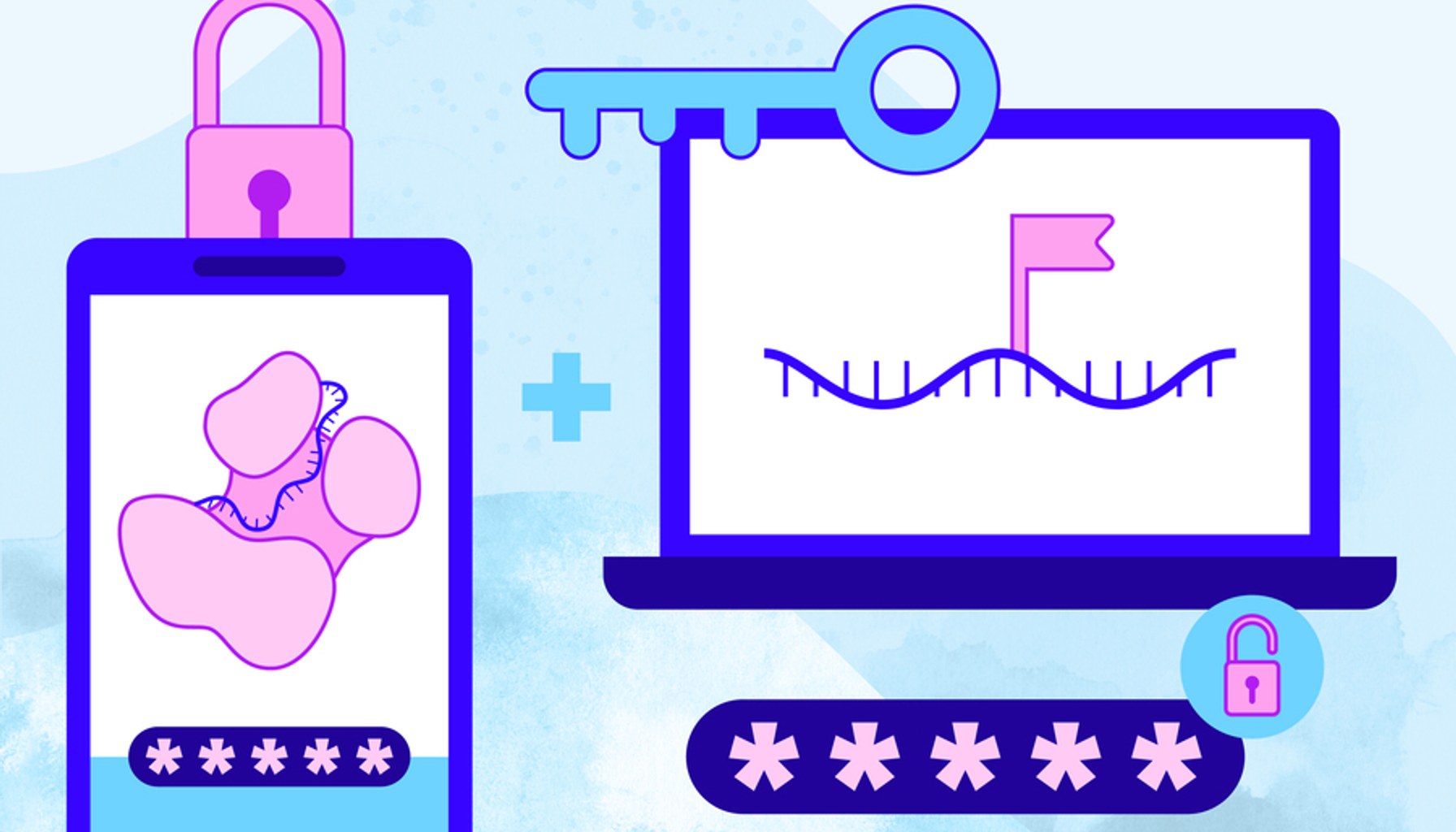 Cartoon illustration showing two-factor authentication as a lock and key on a phone and laptop screen, each displaying microRNA biology