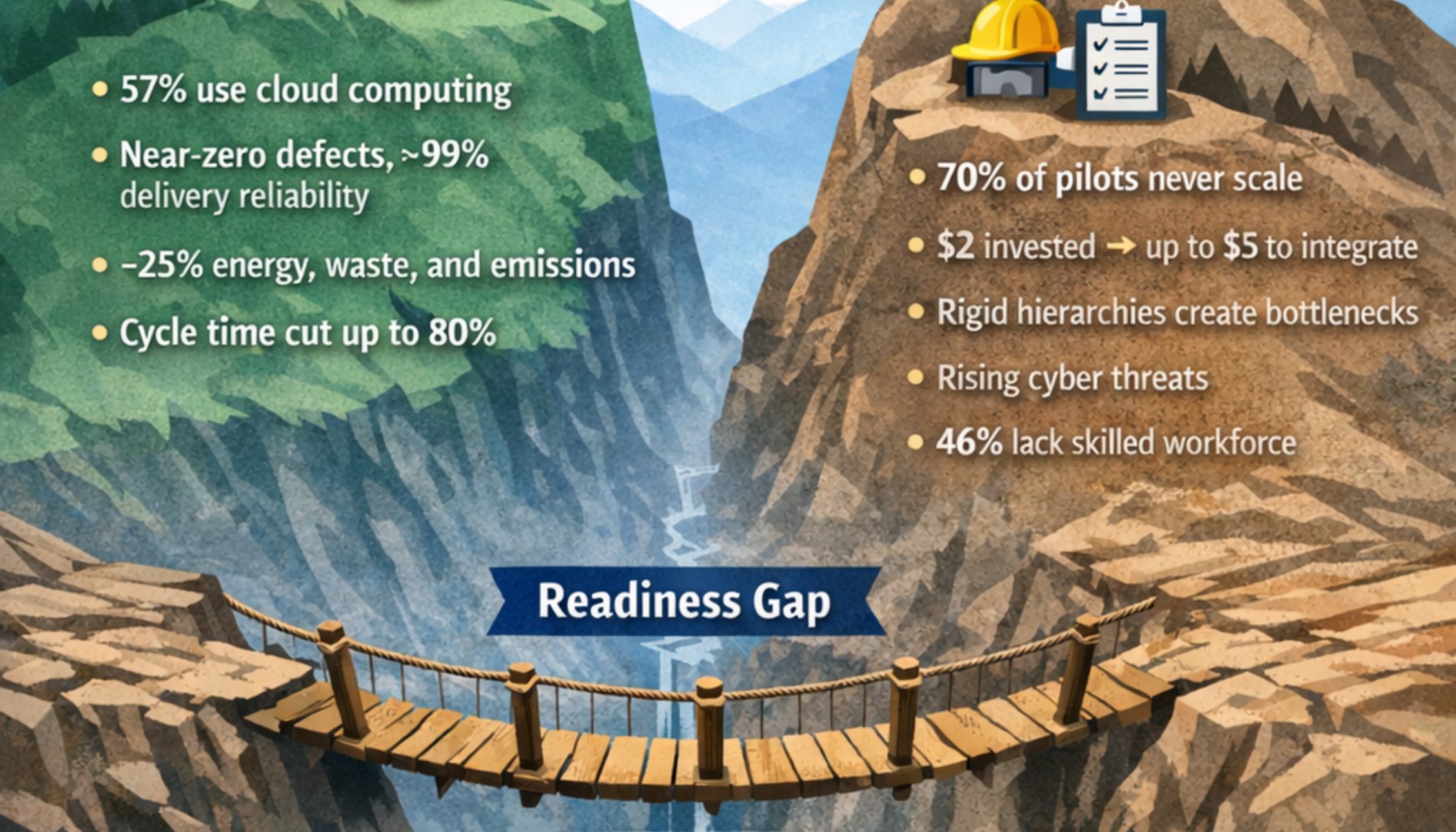 Figure 1: The gap between tech investments and organizational readiness can be mitigated by training, workflow integration and leadership to bridge the gap. Courtesy: TRADESAFE