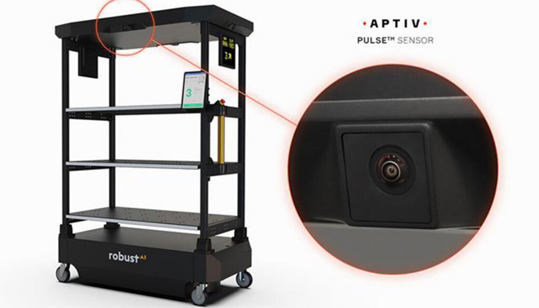 Aptiv provides sensor fusion from radar and vision using AI to enable Robust.AI's Carter robot to move safely around people.