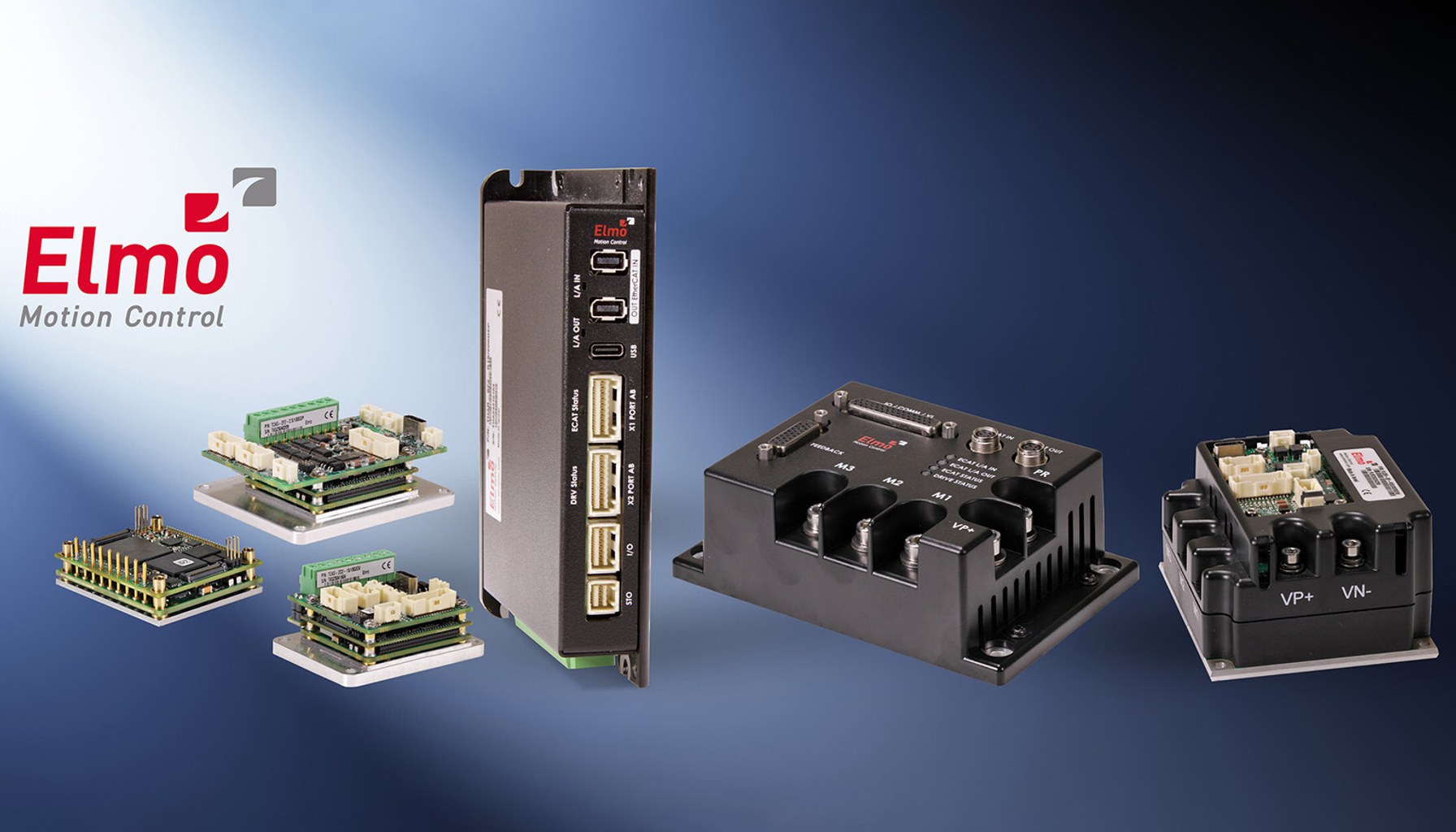 Elmo's motion control portfolio includes servo drives, network-based multi-axis motion controllers, and integrated servo motors.