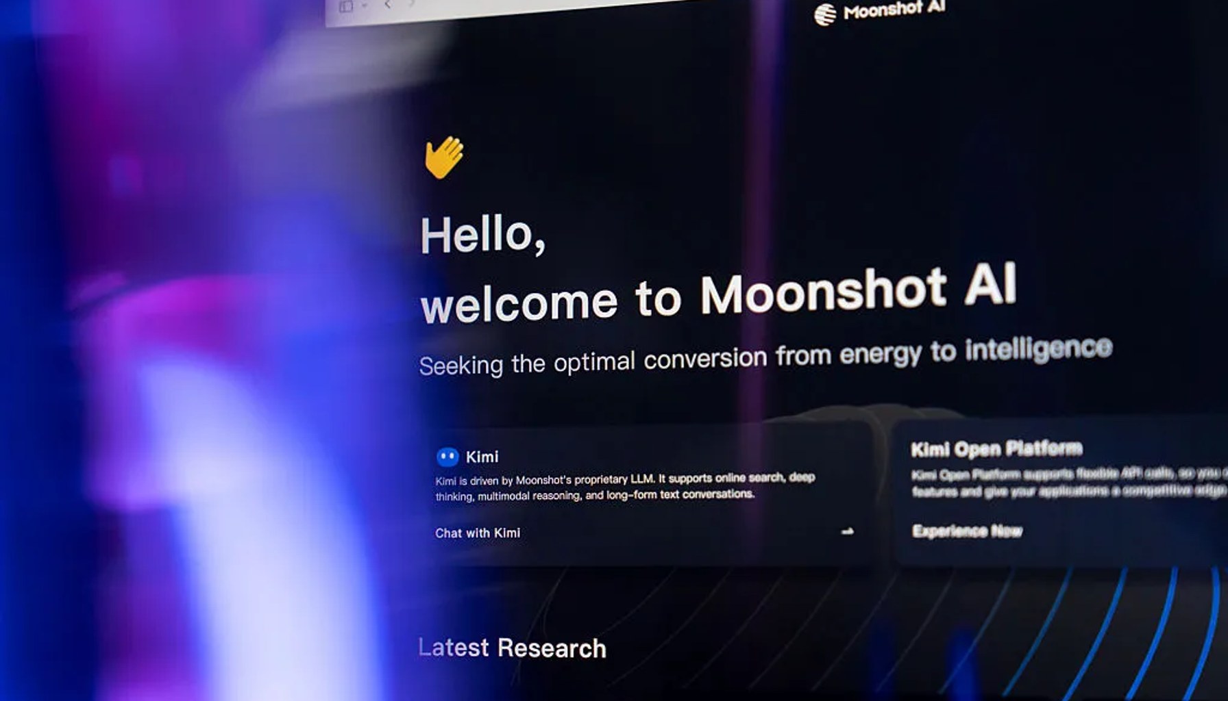 Information for Moonshot AI's Kimi chatbot arranged on a computer.