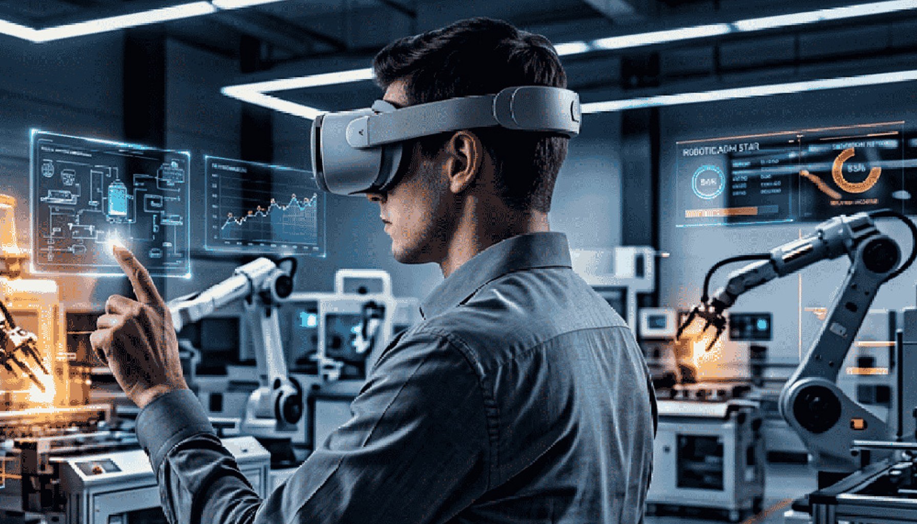 A person using VR goggles to interact with a robot.
