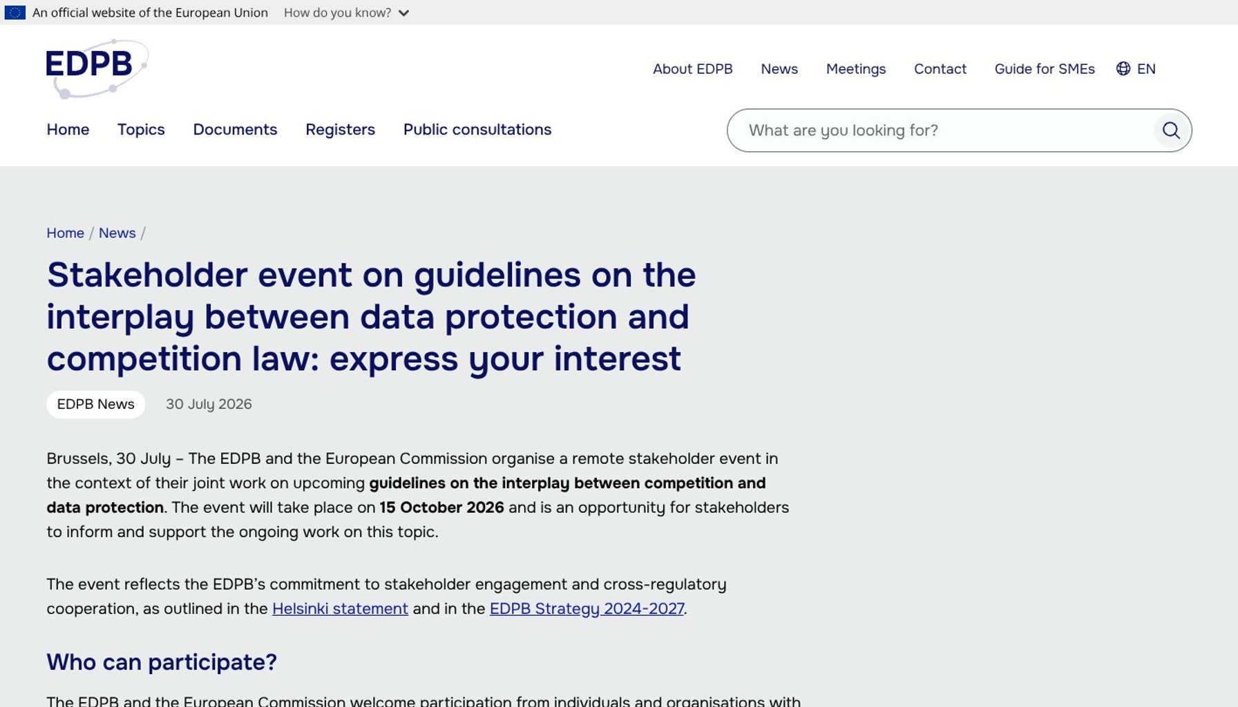 EDPB and European Commission set October stakeholder event on data protection and competition law guidance