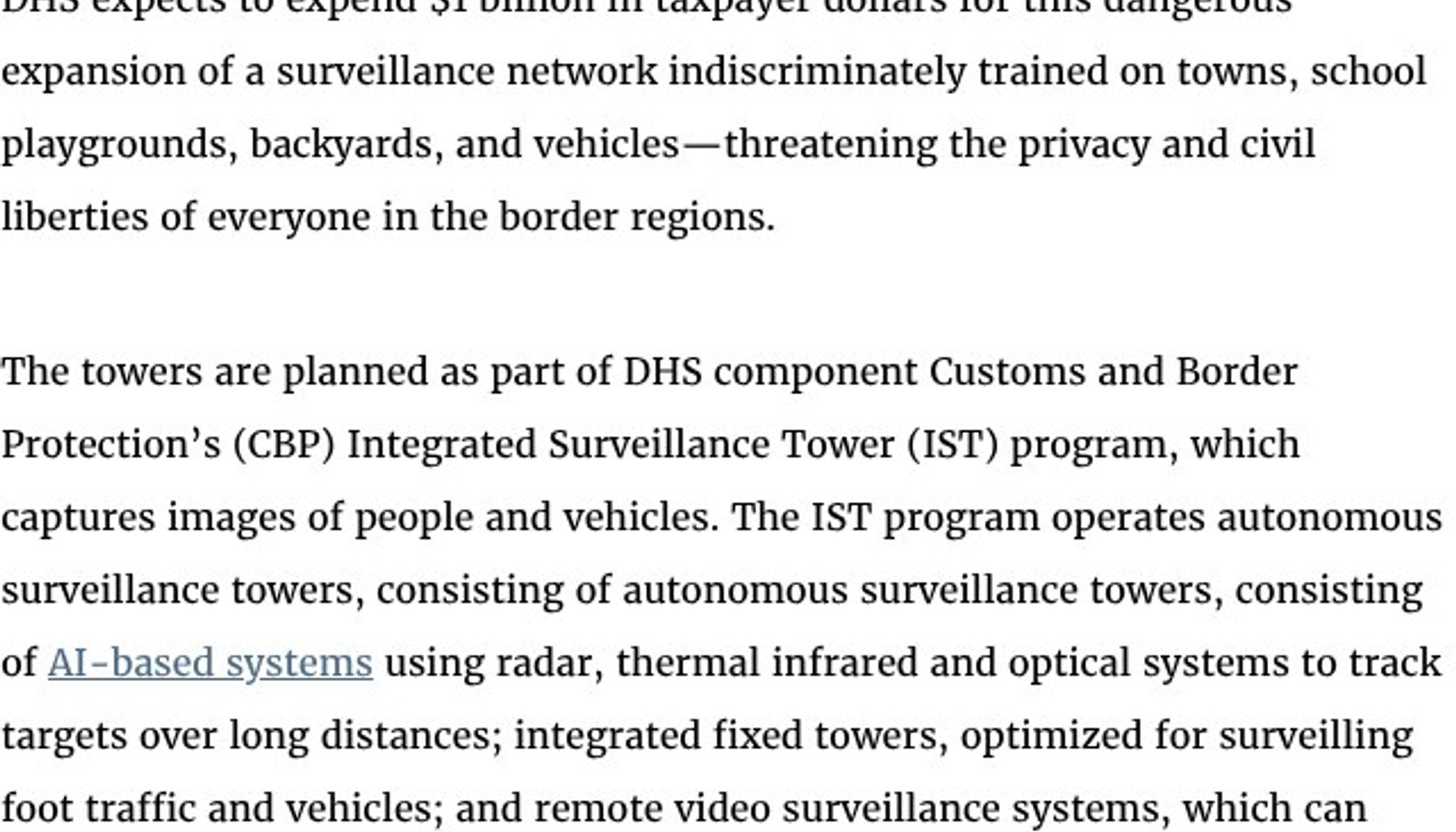 DHS Plans to Expand Border Surveillance Towers to 2,300 by 2034, EFF Says